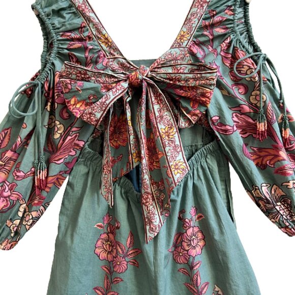 NWT Farm Rio Anthropologie Puff-Sleeve Square-Neck Romper Green S Floral Boho - Picture 11 of 15